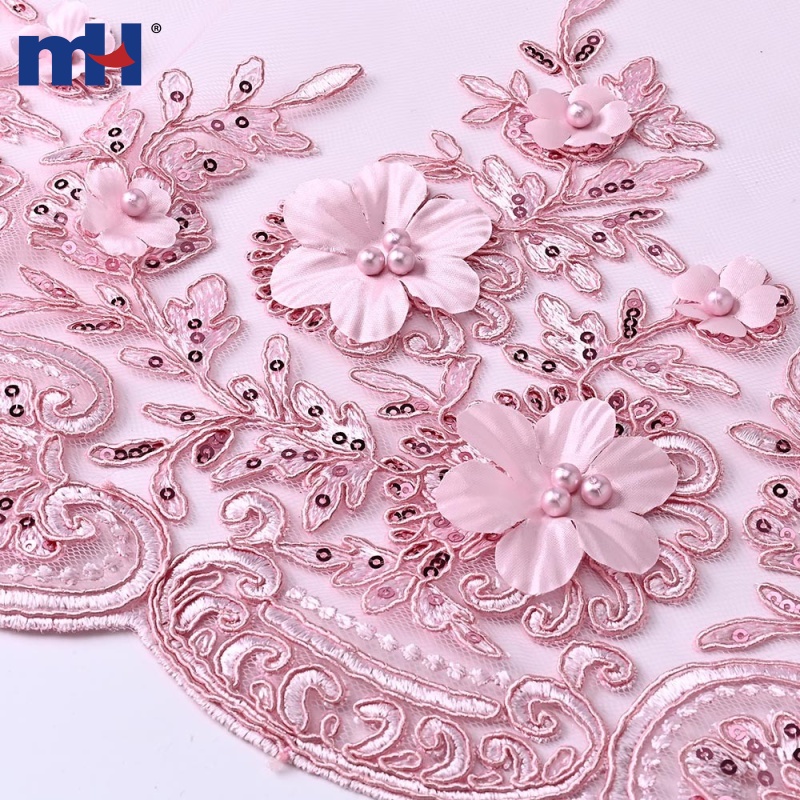 3D Floral Corded Lace Fabric with Pearls & Sequins